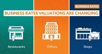 Graphic showing 'Business Rates Valuations Are Changing' with icons for restaurants, offices, and shops.