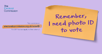 Voter ID post it note with text I need photo ID to vote and electoral commission logos