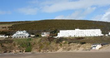 LCT 2C View of Saunton Down (featuring the landmark Saunton Sands Hotel) from Saunton Sands, the slope rising steeply above the coast road.