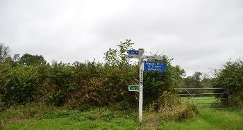 DCA 36: White fingerpost at Terris Cross between Upcott and Woodhall in the east, signposting the Tarka Trail and National Cycle Network route 27. 
