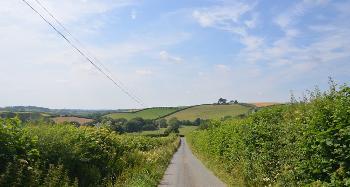 DCA 65: Narrow rural lane near Thornbury with views over trimmed flower-rich hedges across pastoral farmland and a wooded tributary valley of the River Torridge.