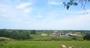 DCA 67: Sheep grazing pasture above a large farm and farm buildings with two wind turbines (from the Two Moors Way looking east towards Rackenford). 
