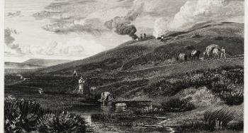 Figure 2.5: Engraving of a black and white watercolour painting in a hilly landscape showing people working the land and getting water from a river.