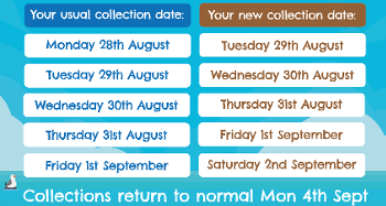 graphic showing usual collection dates from Monday 28th August and new collection dates one day later for each starting 29th august 5 days shown 