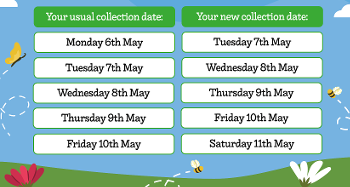 Graphic for Early May Bank Holiday - Changes to Waste & Recycling Collection Dates with a spring background with butterflies and bees
