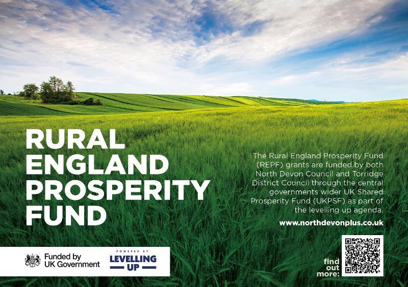 Picture of vivid green field with blue sky and the text Rural England Prosperity Fund