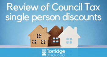 Graphic with a light blue background and 3 wooden houses, with the text Review of Council Tax Single Persons Discount above it