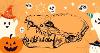 Orange graphic with a dinosaur skull in the middle and cartoon ghosts, skulls and pumpkins around it