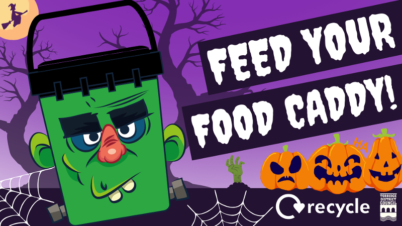 Graphic of a Frankenstein food caddy with the text 'Feed Your Food Caddy'.