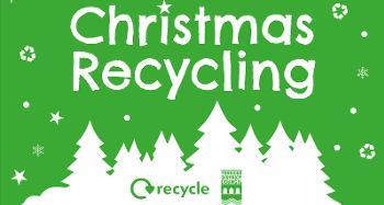 Graphic saying Christmas Recycling with a bright green background, with white snowflakes and white recycling logos falling like snow, and white trees poking up from the bottom