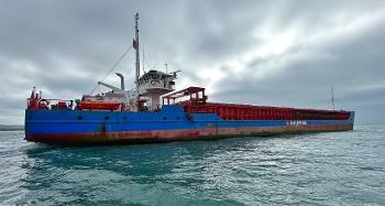 Picture of blue and red cargo ship on the water