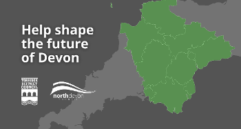 Grey map, with Torridge and North Devon highlighted in green with the text 'Help Shape The Future Of Devon' to the left of the map and the council logos below the text.