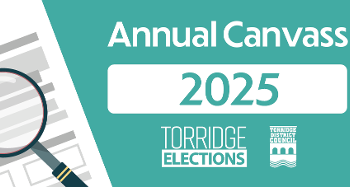 Graphic showing a magnifying glass and a teal background with the text 'Annual Canvass 2025 - Torridge Elections'