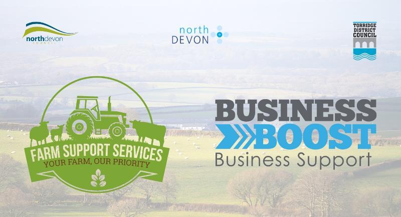 An image of fields, with a white overlay that shows the Business Boost logos. 