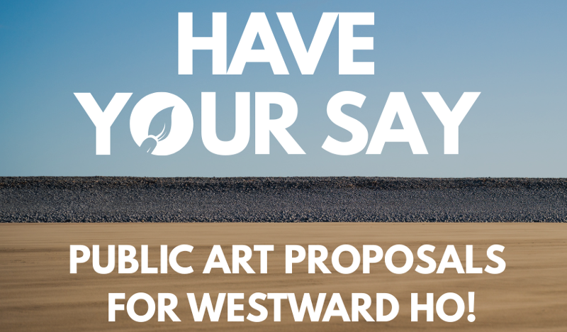 Image saying 'Have Your Say - Public Art Proposals in Westward Ho!' with the background being Westward Ho! beach, and showing the web address to the survey. 