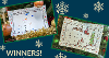 Navy blue background with white snowflakes two images of the winning Christmas card designs, one featuring a snowman and the other Santa in his sleigh.