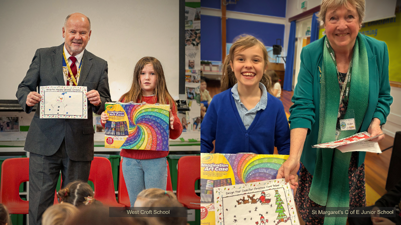 Councillor Bushby with the winner from West Croft School as she receives her prize.  This image in next to Councillor Hodson with the winner from St Margaret's school receiving her prize.   