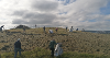 A photo of a group of people raking and bagging grass etc into bags as part of wildflower meadow management