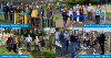 A collage of 4 photos, one for each of the play areas, with multiple people posing for the ribbon cutting